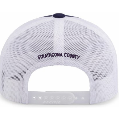 White mesh cap with 'Strathcona County' text on a white background