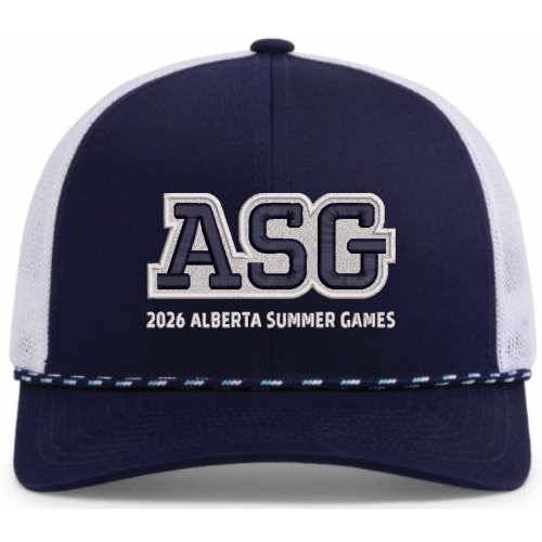 Navy and white cap with 'ASG 2026 Alberta Summer Games' text on a white background