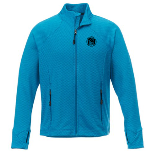 Blue Jacket with round 2026 Alberta Summer Games Logo printed on the left chest in lback
