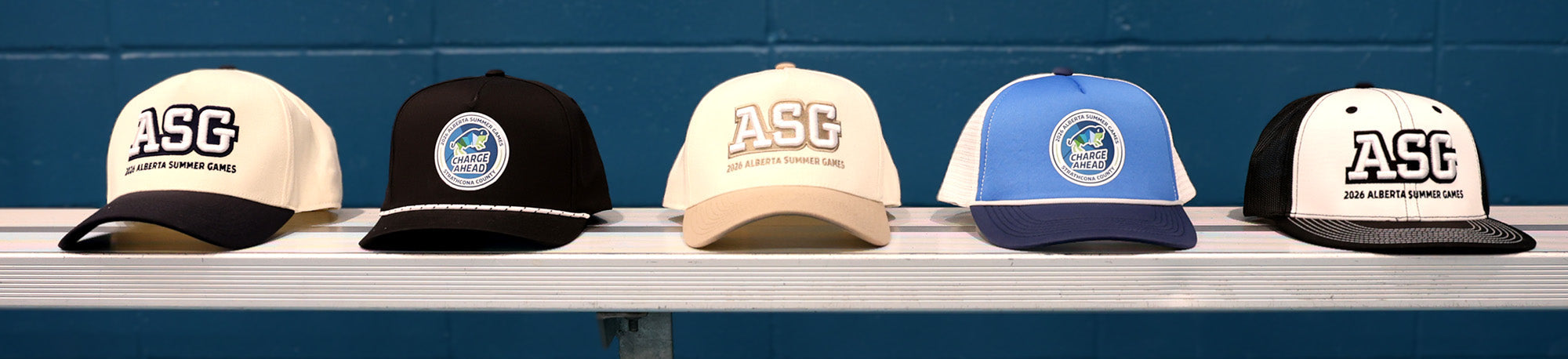 Branded Hats on a bench