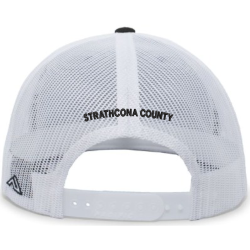 White mesh cap with 'Strathcona County' text on a white background