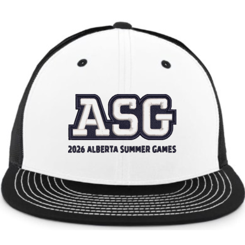 White and black cap with 'ASG 2026 Alberta Summer Games' text on a white background