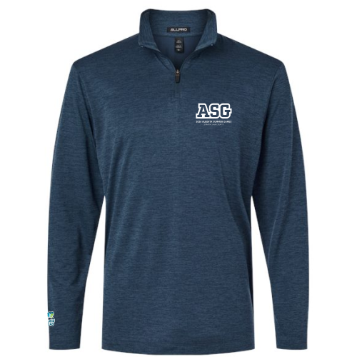 Navy 1/4 Zip with ASG 2026 Alberta Summer Games logo on the left chest and Charge Ahead logo above the right cuff. 
