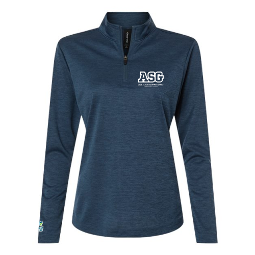 Navy 1/4 Zip with ASG 2026 Alberta Summer Games logo on the left chest and Charge Ahead logo above the right cuff. 