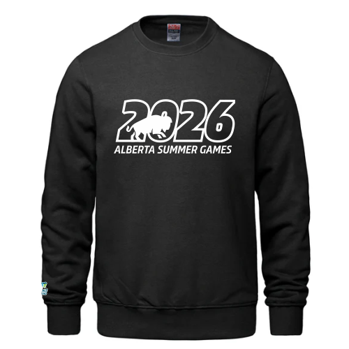 Black sweatshirt with 2026 Alberta Summer Games Bison logo and Charge Ahead above right cuff. 