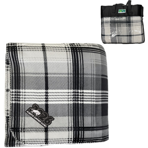 Charcoal Plaid Blanket with 2026 Alberta Summer Games Bison Logo Embroidered . Carrying Case displaying full color bison logo. 