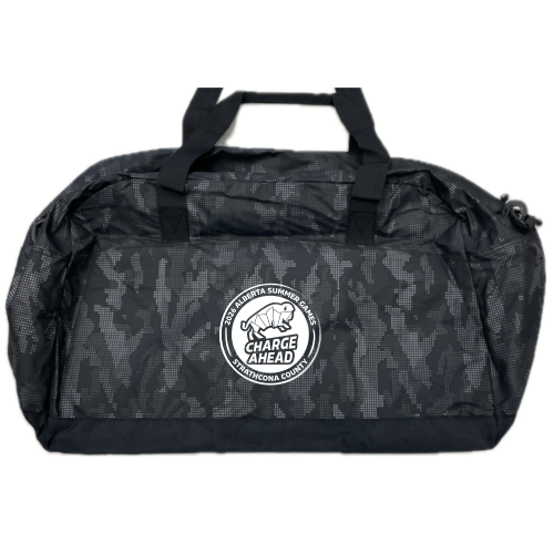 Black camouflage duffel bag round 2026 Alberta Summer Games logo in white