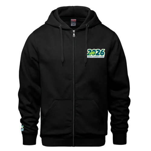 Adult full zip black hoodie with 2026 Games logo left chest and Charge Ahead logo above right cuff