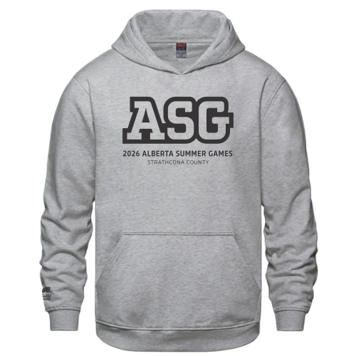 Gray hoodie with the ASG 2026 Alberta Summer Games Logo in Black & Charge Ahead Logo above the right cuff - also in black
