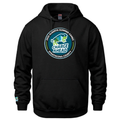 Adult Black Hoodie with the round 2026 Alberta Summer Games Logo on the front and the Charge Ahead logo above right cuff. 