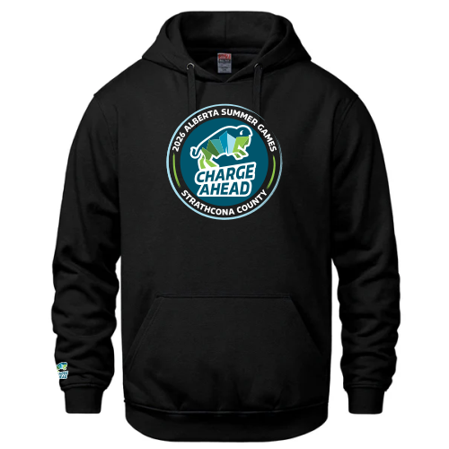 Adult Black Hoodie with the round 2026 Alberta Summer Games Logo on the front and the Charge Ahead logo above right cuff. 