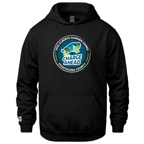 Black Hoodie with 2026 Alberta Summer Games Logo on Front and Charge Ahead Logo above the right cuff