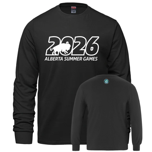 Black long sleeve shirt with 2026 Alberta Summer Games Bison logo on front and round 2026 Alberta Summer Games logo at back of neck