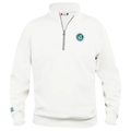 White 1/2 Zip Sweatshirt with the round 2026 Alberta Summer Games Logo Left Chest and Charge Ahead Logo Above Cuff