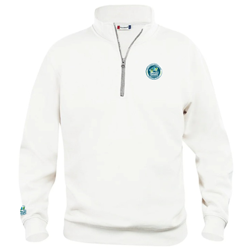 White 1/2 Zip Sweatshirt with the round 2026 Alberta Summer Games Logo Left Chest and Charge Ahead Logo Above Cuff