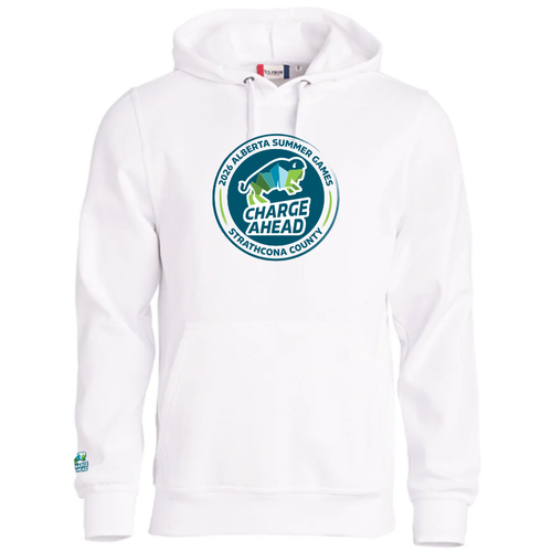 White Hoodie with Round Alberta Summer Games Logo Full Front & Charge Ahead Logo Above Right Cuff