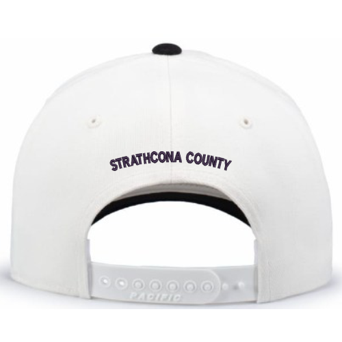 White cap with 'Strathcona County' text on a white background