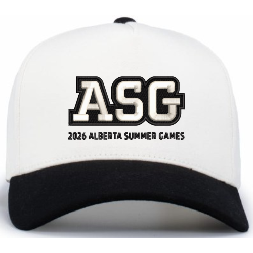 White and black cap with 'ASG 2026 Alberta Summer Games' text on a white background