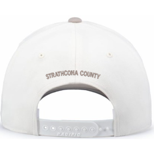 White cap with 'Strathcona County' text on a white background