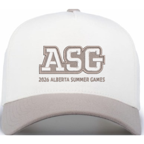 White cap with 'ASG 2026 Alberta Summer Games' text on a white background