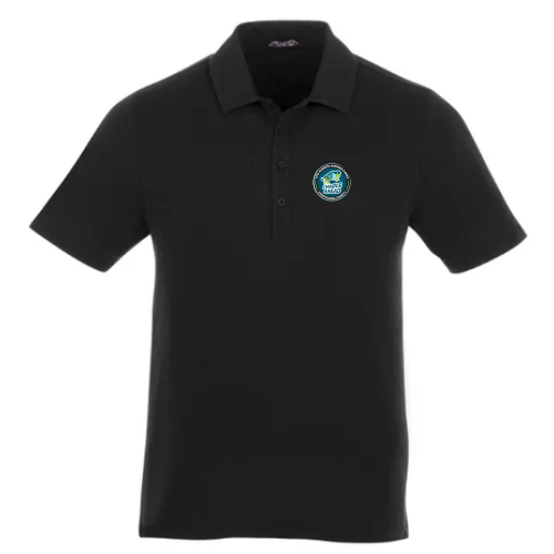 Black polo with round 2026 Summer Games logo printed left chest. 