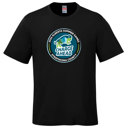 Black T-Shirt with the round 2026 Alberta Summer Games logo on the front