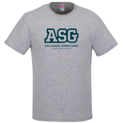 Gray t-shirt with ASG 2026 Alberta Summer Games Logo on Front