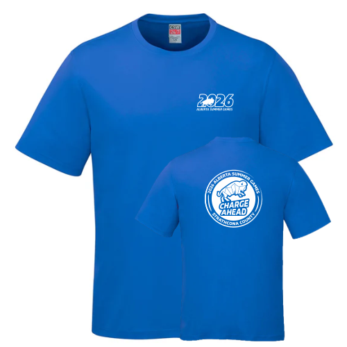 Sapphire Blue Shirt with 2026 Bison Logo left chest and the round 2026 Alberta Summer Games logo across the back 