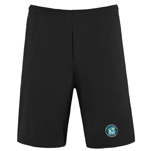 Black shorts with round 2026 Alberta Summer Games logo printed left thigh
