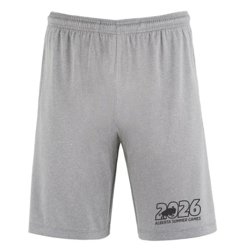 Grey shorts with 2026 Bison Alberta Summer Games logo printed left thigh