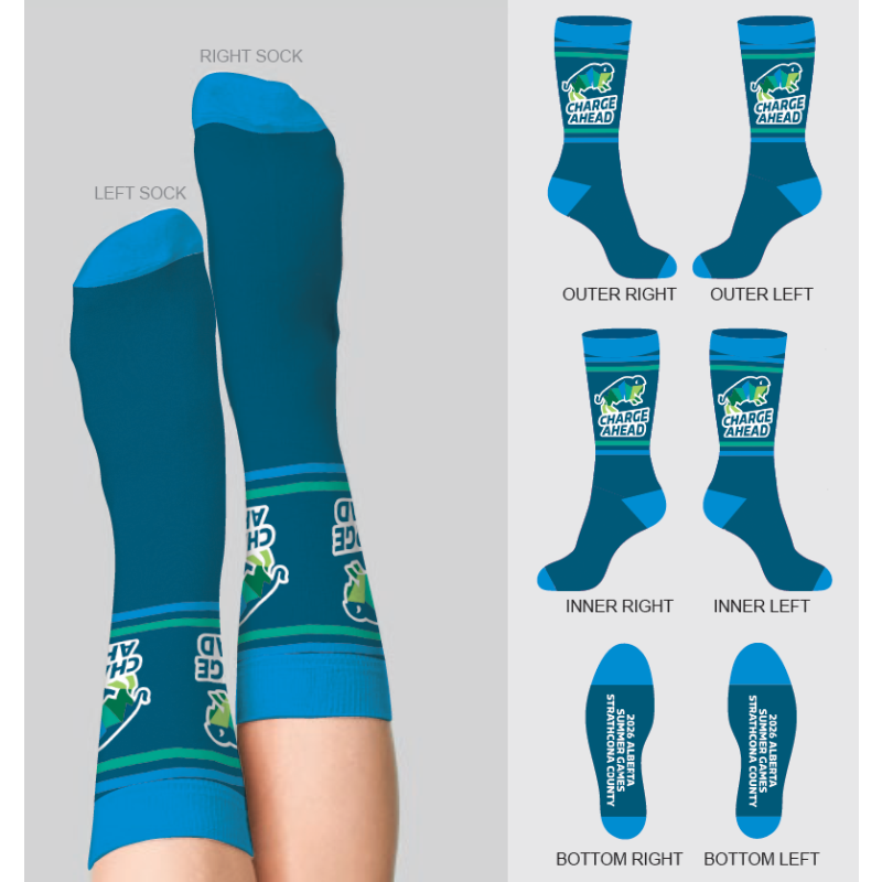 2026 Alberta Games Socks with the Charge Ahead logo 