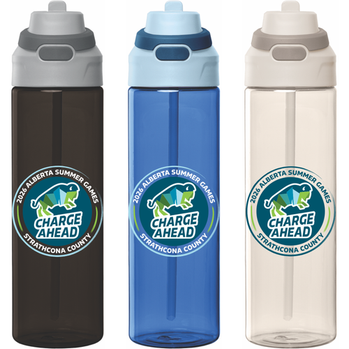 Black, Blue and Dune Water Bottles with Round Alberta Summer Games Logo 